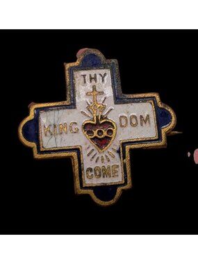 Vintage Thy Kingdom Come Sacred Heart Cross Enamel Religious Lapel Pin Brooch